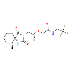 ChemSpider 2D Image | 2-Oxo-2-[(2,2,2-trifluoroethyl)amino]ethyl [(5S,6S)-6-methyl-2,4-dioxo-1,3-diazaspiro[4.5]dec-3-yl]acetate | C15H20F3N3O5
