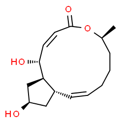 ChemSpider 2D Image | (1R,2Z,6S,10Z,11aS,13R,14aR)-1,13-Dihydroxy-6-methyl-1,6,7,8,9,11a,12,13,14,14a-decahydro-4H-cyclopenta[f]oxacyclotridecin-4-one | C16H24O4