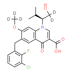 ChemSpider 2D Image | 6-(3-Chloro-2-fluorobenzyl)-1-[(2S)-1-hydroxy-3-methyl(1,1-~2~H_2_)-2-butanyl]-7-[(~2~H_3_)methyloxy]-4-oxo-1,4-dihydro-3-quinolinecarboxylic acid | C23H18D5ClFNO5