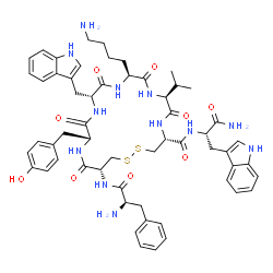 ChemSpider 2D Image | (4R,7S,10S,13R,16R,19R)-10-(4-Aminobutyl)-N-[(2S)-1-amino-3-(1H-indol-3-yl)-1-oxo-2-propanyl]-16-(4-hydroxybenzyl)-13-(1H-indol-3-ylmethyl)-7-isopropyl-6,9,12,15,18-pentaoxo-19-(D-phenylalanylamino)-1
,2-dithia-5,8,11,14,17-pentaazacycloicosane-4-carboxamide | C57H70N12O9S2
