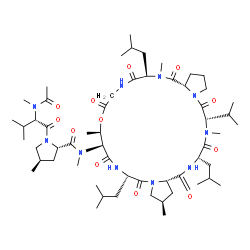 ChemSpider 2D Image | N-Acetyl-N-methyl-L-valyl-(4R)-N,4-dimethyl-N-[(2R,6S,9S,10R,16R,18aS,24S,27S,29aS)-6,16,27-triisobutyl-24-isopropyl-2,10,17,25-tetramethyl-5,8,12,15,18,23,26,29-octaoxohexacosahydro-1H,12H-dipyrrolo[
2,1-i:2',1'-r][1,4,7,10,13,16,19,22]oxaheptaazacyclopentacosin-9-yl]-L-prolinamide | C57H96N10O12