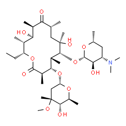 ChemSpider 2D Image | (3R,4S,5R,6R,7R,9R,11R,12R,13R,14R)-6-{[(2S,3R,4S,6R)-4-(Dimethylamino)-3-hydroxy-6-methyltetrahydro-2H-pyran-2-yl]oxy}-14-ethyl-7,12-dihydroxy-4-{[(2R,4R,5S,6S)-5-hydroxy-4-methoxy-4,6-dimethyltetrah
ydro-2H-pyran-2-yl]oxy}-3,5,7,9,11,13-hexamethyloxacyclotetradecane-2,10-dione (non-preferred name) | C37H67NO12