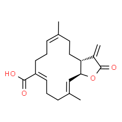 ChemSpider 2D Image | (3aR,6Z,10Z,14E,15aS)-6,14-Dimethyl-3-methylene-2-oxo-2,3,3a,4,5,8,9,12,13,15a-decahydrocyclotetradeca[b]furan-10-carboxylic acid | C20H26O4