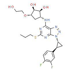 ChemSpider 2D Image | (1S,2S,3R,5S)-3-({3-[(1R,2S)-2-(3,4-Difluorophenyl)cyclopropyl]-5-(propylsulfanyl)-3H-[1,2,3]triazolo[4,5-d]pyrimidin-7-yl}amino)-5-(2-hydroxyethoxy)-1,2-cyclopentanediol | C23H28F2N6O4S