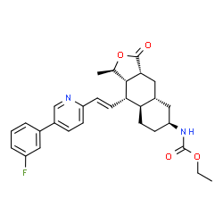 ChemSpider 2D Image | Ethyl [(1R,3aR,4aR,6S,8aR,9S,9aS)-9-{(E)-2-[5-(3-fluorophenyl)-2-pyridinyl]vinyl}-1-methyl-3-oxododecahydronaphtho[2,3-c]furan-6-yl]carbamate | C29H33FN2O4