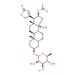 ChemSpider 2D Image | (3beta,5beta,16beta)-16-Acetoxy-3-[(6-deoxy-3-O-methyl-alpha-L-mannopyranosyl)oxy]-14-hydroxycard-20(22)-enolide | C32H48O10