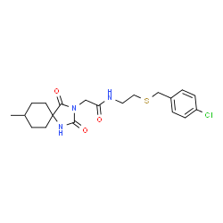 ChemSpider 2D Image | N-{2-[(4-Chlorobenzyl)sulfanyl]ethyl}-2-(8-methyl-2,4-dioxo-1,3-diazaspiro[4.5]dec-3-yl)acetamide | C20H26ClN3O3S