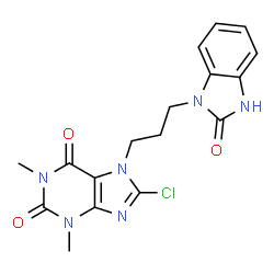 ChemSpider 2D Image | 8-Chloro-1,3-dimethyl-7-[3-(2-oxo-2,3-dihydro-1H-benzimidazol-1-yl)propyl]-3,7-dihydro-1H-purine-2,6-dione | C17H17ClN6O3