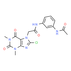 ChemSpider 2D Image | N-(3-Acetamidophenyl)-2-(8-chloro-1,3-dimethyl-2,6-dioxo-1,2,3,6-tetrahydro-7H-purin-7-yl)acetamide | C17H17ClN6O4