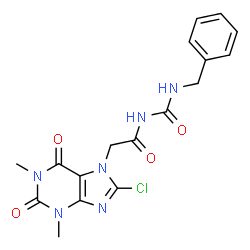 ChemSpider 2D Image | N-(Benzylcarbamoyl)-2-(8-chloro-1,3-dimethyl-2,6-dioxo-1,2,3,6-tetrahydro-7H-purin-7-yl)acetamide | C17H17ClN6O4