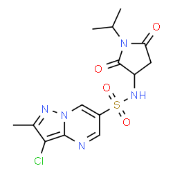 ChemSpider 2D Image | 3-Chloro-N-(1-isopropyl-2,5-dioxo-3-pyrrolidinyl)-2-methylpyrazolo[1,5-a]pyrimidine-6-sulfonamide | C14H16ClN5O4S