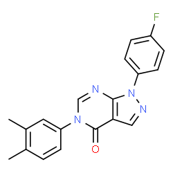 ChemSpider 2D Image | 5-(3,4-Dimethylphenyl)-1-(4-fluorophenyl)-1,5-dihydro-4H-pyrazolo[3,4-d]pyrimidin-4-one | C19H15FN4O