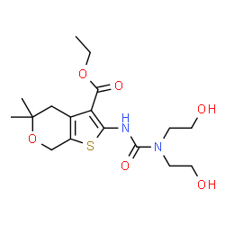 ChemSpider 2D Image | Ethyl 2-{[bis(2-hydroxyethyl)carbamoyl]amino}-5,5-dimethyl-4,7-dihydro-5H-thieno[2,3-c]pyran-3-carboxylate | C17H26N2O6S