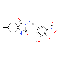 ChemSpider 2D Image | 2-Methoxy-4-{(Z)-[(8-methyl-2,4-dioxo-1,3-diazaspiro[4.5]dec-3-yl)imino]methyl}-6-nitrophenolate | C17H19N4O6