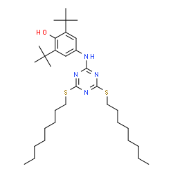 ChemSpider 2D Image | 4-((4,6-Bis(octylthio)-1,3,5-triazin-2-yl)amino)-2,6-di-tert-butylphenol | C33H56N4OS2