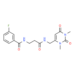 ChemSpider 2D Image | N-(3-{[(1,3-Dimethyl-2,6-dioxo-1,2,3,6-tetrahydro-4-pyrimidinyl)methyl]amino}-3-oxopropyl)-3-fluorobenzamide | C17H19FN4O4