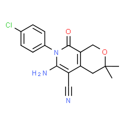 ChemSpider 2D Image | 6-Amino-7-(4-chlorophenyl)-3,3-dimethyl-8-oxo-3,4,7,8-tetrahydro-1H-pyrano[3,4-c]pyridine-5-carbonitrile | C17H16ClN3O2