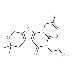ChemSpider 2D Image | 3-(2-Hydroxyethyl)-6,6-dimethyl-1-(2-methyl-2-propen-1-yl)-1,5,6,8-tetrahydro-2H-pyrano[4',3':4,5]thieno[2,3-d]pyrimidine-2,4(3H)-dione | C17H22N2O4S