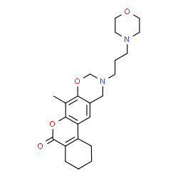ChemSpider 2D Image | 7-Methyl-10-[3-(4-morpholinyl)propyl]-1,2,3,4,10,11-hexahydro-5H,9H-benzo[3,4]chromeno[6,7-e][1,3]oxazin-5-one | C23H30N2O4