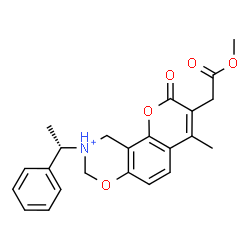 ChemSpider 2D Image | 3-(2-Methoxy-2-oxoethyl)-4-methyl-2-oxo-9-[(1S)-1-phenylethyl]-9,10-dihydro-2H,8H-chromeno[8,7-e][1,3]oxazin-9-ium | C23H24NO5