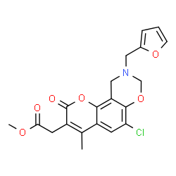 ChemSpider 2D Image | Methyl [6-chloro-9-(2-furylmethyl)-4-methyl-2-oxo-9,10-dihydro-2H,8H-chromeno[8,7-e][1,3]oxazin-3-yl]acetate | C20H18ClNO6