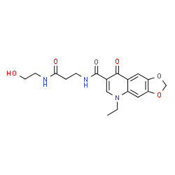 ChemSpider 2D Image | 5-Ethyl-N-{3-[(2-hydroxyethyl)amino]-3-oxopropyl}-8-oxo-5,8-dihydro[1,3]dioxolo[4,5-g]quinoline-7-carboxamide | C18H21N3O6