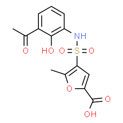 ChemSpider 2D Image | 4-[(3-Acetyl-2-hydroxyphenyl)sulfamoyl]-5-methyl-2-furoic acid | C14H13NO7S