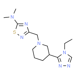 ChemSpider 2D Image | 3-{[3-(4-Ethyl-4H-1,2,4-triazol-3-yl)-1-piperidinyl]methyl}-N,N-dimethyl-1,2,4-thiadiazol-5-amine | C14H23N7S