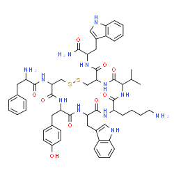 ChemSpider 2D Image | 10-(4-Aminobutyl)-N-[1-amino-3-(1H-indol-3-yl)-1-oxo-2-propanyl]-16-(4-hydroxybenzyl)-13-(1H-indol-3-ylmethyl)-7-isopropyl-6,9,12,15,18-pentaoxo-19-(phenylalanylamino)-1,2-dithia-5,8,11,14,17-pentaaza
cycloicosane-4-carboxamide | C57H70N12O9S2