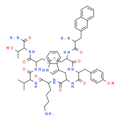 ChemSpider 2D Image | 10-(4-Aminobutyl)-N-(1-amino-3-hydroxy-1-oxobutan-2-yl)-16-(4-hydroxybenzyl)-13-(1H-indol-3-ylmethyl)-7-isopropyl-19-{[3-(2-naphthyl)alanyl]amino}-6,9,12,15,18-pentaoxo-1,2-dithia-5,8,11,14,17-pentaazacycloicosane-4-carboxamide | C54H69N11O10S2