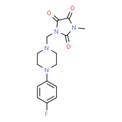 ChemSpider 2D Image | 1-{[4-(4-Fluorophenyl)-1-piperazinyl]methyl}-3-methyl-2,4,5-imidazolidinetrione | C15H17FN4O3