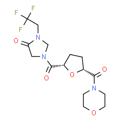 ChemSpider 2D Image | 1-{[(2S,5R)-5-(4-Morpholinylcarbonyl)tetrahydro-2-furanyl]carbonyl}-3-(2,2,2-trifluoroethyl)-4-imidazolidinone (non-preferred name) | C15H20F3N3O5