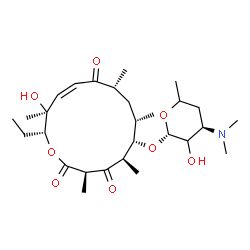 ChemSpider 2D Image | (3R,5R,6S,7S,9R,11Z,13S,14R)-14-Ethyl-13-hydroxy-3,5,7,9,13-pentamethyl-2,4,10-trioxooxacyclotetradec-11-en-6-yl 3,4,6-trideoxy-3-(dimethylamino)-beta-D-glycero-hexopyranoside | C28H47NO8