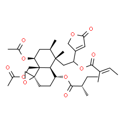 ChemSpider 2D Image | 2-[(1R,4R,4aR,5S,6R,8S,8aR)-8-Acetoxy-8a-(acetoxymethyl)-5,6-dimethyl-4-{[(2S)-2-methylbutanoyl]oxy}octahydro-2H-spiro[naphthalene-1,2'-oxiran]-5-yl]-1-(5-oxo-2,5-dihydro-3-furanyl)ethyl (2E)-2-methyl
-2-butenoate | C34H48O11