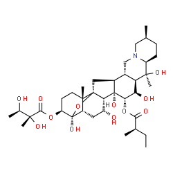 ChemSpider 2D Image | (3beta,4beta,9beta,15alpha)-4,7,14,16,20-Pentahydroxy-15-{[(2R)-2-methylbutanoyl]oxy}-4,9-epoxycevan-3-yl (2R,3R)-2,3-dihydroxy-2-methylbutanoate | C37H59NO12