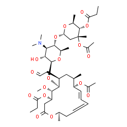 ChemSpider 2D Image | (4R,5S,6S,7R,9R,10R,11E,16R)-10-Acetoxy-6-{[(2S,3R,4R,5S,6R)-5-{[(2S,4R,5S,6S)-4-acetoxy-4,6-dimethyl-5-(propionyloxy)tetrahydro-2H-pyran-2-yl]oxy}-4-(dimethylamino)-3-hydroxy-6-methyltetrahydro-2H-py
ran-2-yl]oxy}-5-methoxy-9,16-dimethyl-2-oxo-7-(2-oxoethyl)oxacyclohexadeca-11,13-dien-4-yl propanoate (non-preferred name) | C45H71NO17