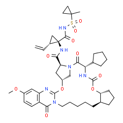 ChemSpider 2D Image | (1R,18R,22R,26S,29S)-26-Cyclopentyl-7-methoxy-N-[(1R,2S)-1-{[(1-methylcyclopropyl)sulfonyl]carbamoyl}-2-vinylcyclopropyl]-11,24,27-trioxo-2,23-dioxa-4,12,25,28-tetraazapentacyclo[26.2.1.0~3,12~.0~5,10
~.0~18,22~]hentriaconta-3,5,7,9-tetraene-29-carboxamide | C42H56N6O10S