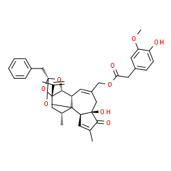 ChemSpider 2D Image | [(2R,6R,10S,11R,13S,15R,17R)-13-Benzyl-6-hydroxy-15-isopropenyl-4,17-dimethyl-5-oxo-12,14,18-trioxapentacyclo[11.4.1.0~1,10~.0~2,6~.0~11,15~]octadeca-3,8-dien-8-yl]methyl (4-hydroxy-3-methoxyphenyl)ac
etate | C37H40O9