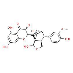 ChemSpider 2D Image | (1R,3S,6R,7R,10R)-3-Hydroxy-10-(4-hydroxy-3-methoxyphenyl)-8-[(2R,3R)-3,5,7-trihydroxy-4-oxo-3,4-dihydro-2H-chromen-2-yl]-4-oxatricyclo[4.3.1.0~3,7~]dec-8-en-2-one | C25H22O10