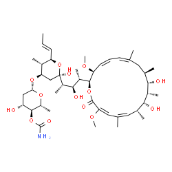 ChemSpider 2D Image | (5R)-3-O-(4-O-Carbamoyl-2,6-dideoxy-beta-D-arabino-hexopyranosyl)-2,4-dideoxy-1-C-{(2S,3R,4S)-4-[(2S,3S,4Z,6Z,9R,10S,11S,12R,13R,14Z,16E)-10,12-dihydroxy-3,17-dimethoxy-7,9,11,13,15-pentamethyl-18-oxo
oxacyclooctadeca-4,6,14,16-tetraen-2-yl]-3-hydroxy-2-pentanyl}-4-methyl-5-[(1E)-1-propen-1-yl]-alpha-D-threo-pentopyranose | C45H73NO14