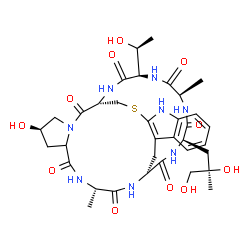 ChemSpider 2D Image | (14S,18R,23S,28R,31R,34R)-28-[(2R)-2,3-Dihydroxy-2-methylpropyl]-18-hydroxy-34-[(1S)-1-hydroxyethyl]-23,31-dimethyl-12-thia-10,16,22,25,27,30,33,36-octaazapentacyclo[12.11.11.0~3,11~.0~4,9~.0~16,20~]h
exatriaconta-3(11),4,6,8-tetraene-15,21,24,26,29,32,35-heptone | C35H48N8O11S