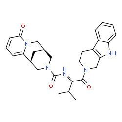 ChemSpider 2D Image | (9S)-N-[(2S)-3-Methyl-1-oxo-1-(1,3,4,9-tetrahydro-2H-beta-carbolin-2-yl)-2-butanyl]-6-oxo-7,11-diazatricyclo[7.3.1.0~2,7~]trideca-2,4-diene-11-carboxamide | C28H33N5O3