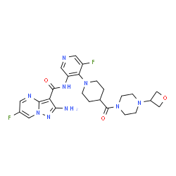 ChemSpider 2D Image | 2-Amino-6-fluoro-N-[5-fluoro-4-(4-{[4-(3-oxetanyl)-1-piperazinyl]carbonyl}-1-piperidinyl)-3-pyridinyl]pyrazolo[1,5-a]pyrimidine-3-carboxamide | C25H29F2N9O3