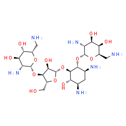 ChemSpider 2D Image | (1R,2R,3S,4R,6S)-4,6-Diamino-2-{[3-O-(2,6-diamino-2,6-dideoxy-beta-L-idopyranosyl)-beta-D-ribofuranosyl]oxy}-3-hydroxycyclohexyl 2,6-diamino-2,6-dideoxy-alpha-D-galactopyranoside | C23H46N6O13