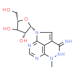 ChemSpider 2D Image | 5-Methyl-1-[(3xi)-beta-L-threo-pentofuranosyl]-4,5-dihydro-1,4,5,6,8-pentaazaacenaphthylen-3(1H)-imine | C13H16N6O4