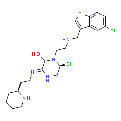 ChemSpider 2D Image | (3Z,6S)-6-Chloro-1-(2-{[(5-chloro-1-benzothiophen-3-yl)methyl]amino}ethyl)-3-({2-[(2R)-2-piperidinyl]ethyl}imino)-2-piperazinol | C22H31Cl2N5OS