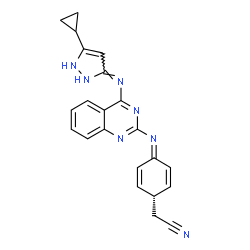ChemSpider 2D Image | [(1S,4E)-4-({4-[(Z)-(5-Cyclopropyl-1,2-dihydro-3H-pyrazol-3-ylidene)amino]-2-quinazolinyl}imino)-2,5-cyclohexadien-1-yl]acetonitrile | C22H19N7