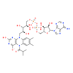 ChemSpider 2D Image | 10-[(2S,3S,4R)-5-{[{[{[(2R,3S,4R,5R)-3,4-Dihydroxy-5-(6-imino-6H-purin-9-ium-9-yl)tetrahydro-2-furanyl]methoxy}(hydroxy)phosphoryl]oxy}(hydroxy)phosphoryl]oxy}-2,3,4-trihydroxypentyl]-2-hydroxy-5-isob
utyryl-7,8-dimethyl-5,10-dihydrobenzo[g]pteridin-4-olate (non-preferred name) | C31H39N9O16P2