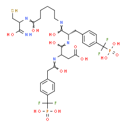 ChemSpider 2D Image | (4Z)-3-[(Z)-(2-{4-[Difluoro(phosphono)methyl]phenyl}-1-hydroxyethylidene)amino]-4-{[(1Z,2S)-3-{4-[difluoro(phosphono)methyl]phenyl}-1-hydroxy-1-({(6Z)-6-hydroxy-6-[(1-hydroxy-1-imino-3-sulfanyl-2-prop
anyl)imino]hexyl}imino)-2-propanyl]imino}-4-hydroxybutanoic acid | C32H41F4N5O13P2S