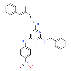 ChemSpider 2D Image | N-Benzyl-6-{(2E)-2-[(2E)-2-methyl-3-phenyl-2-propen-1-ylidene]hydrazino}-N'-(4-nitrophenyl)-1,3,5-triazine-2,4-diamine | C26H24N8O2
